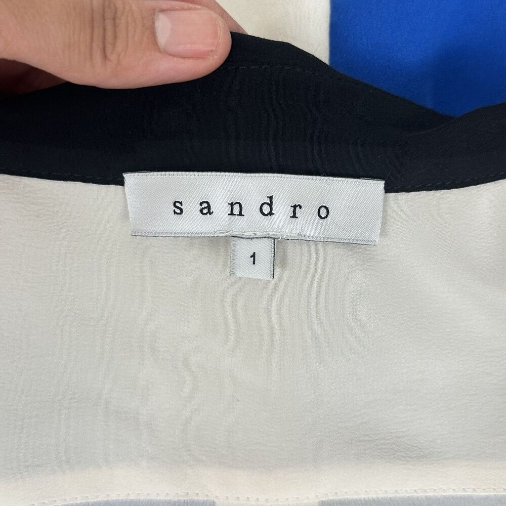 Sandro Paris  100% Silk White Blue Collared Shirt Sleeveless preppy Size 1 US S - Picture 8 of 10